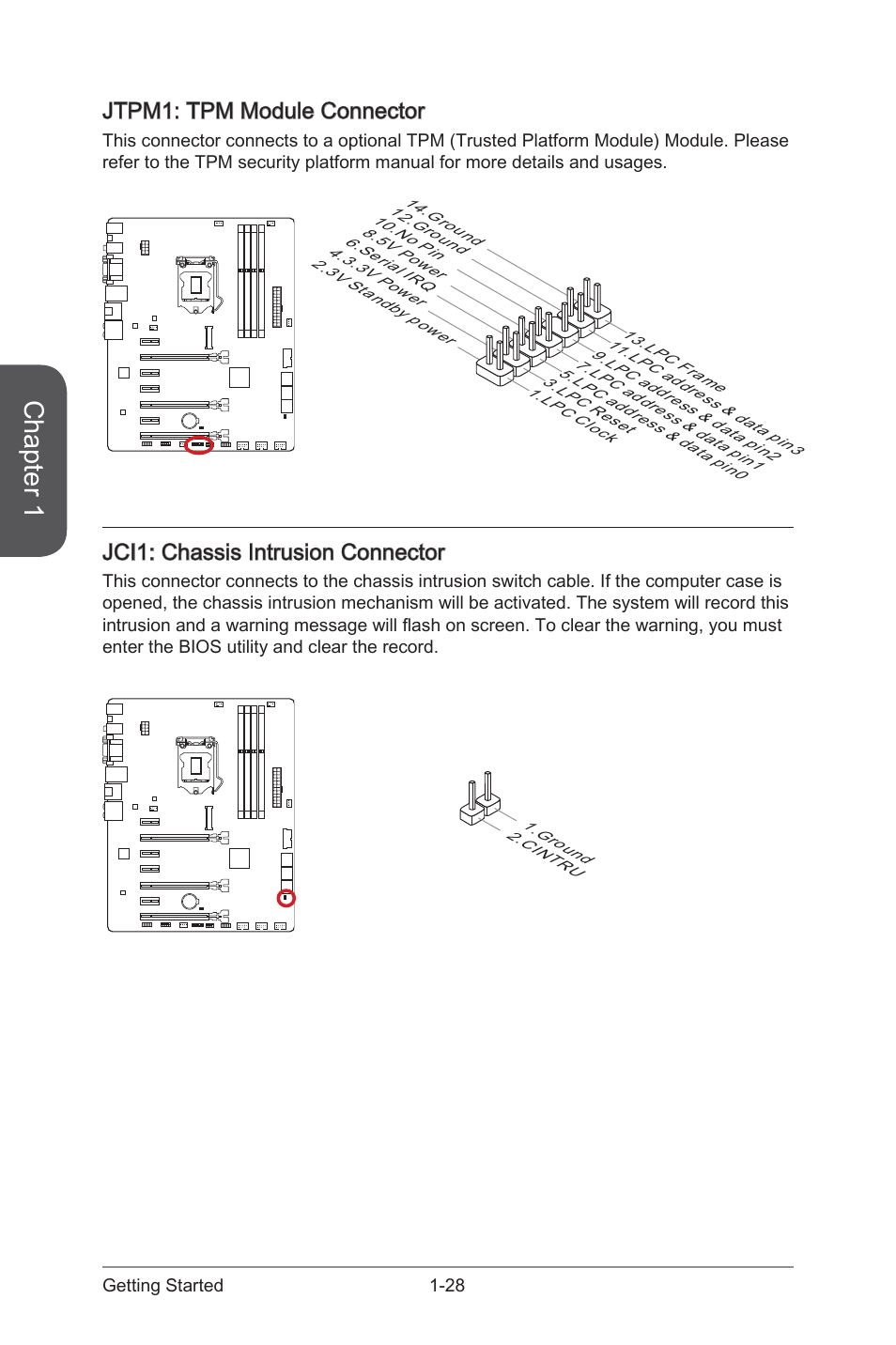 Jtpm1: tpm module connector, Jci1: chassis intrusion connector, Jtpm1: tpm module connector -28 | Jci1, Chassis intrusion connector, Jtpm1, Tpm module connector, Chapter 1 | MSI Z87-G45 GAMING User Manual | Page 42 / 112