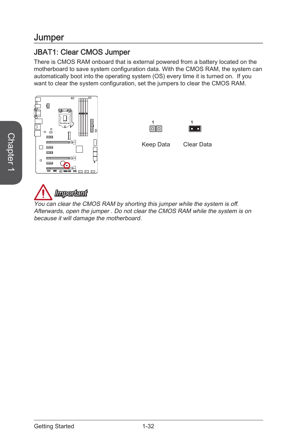 Jumper, Jbat1: clear cmos jumper, Jumper -32 | Jbat1: clear cmos jumper -32, Jbat1, Clear cmos jumper, Chapter 1, Important | MSI Z87-G45 GAMING User Manual | Page 46 / 112