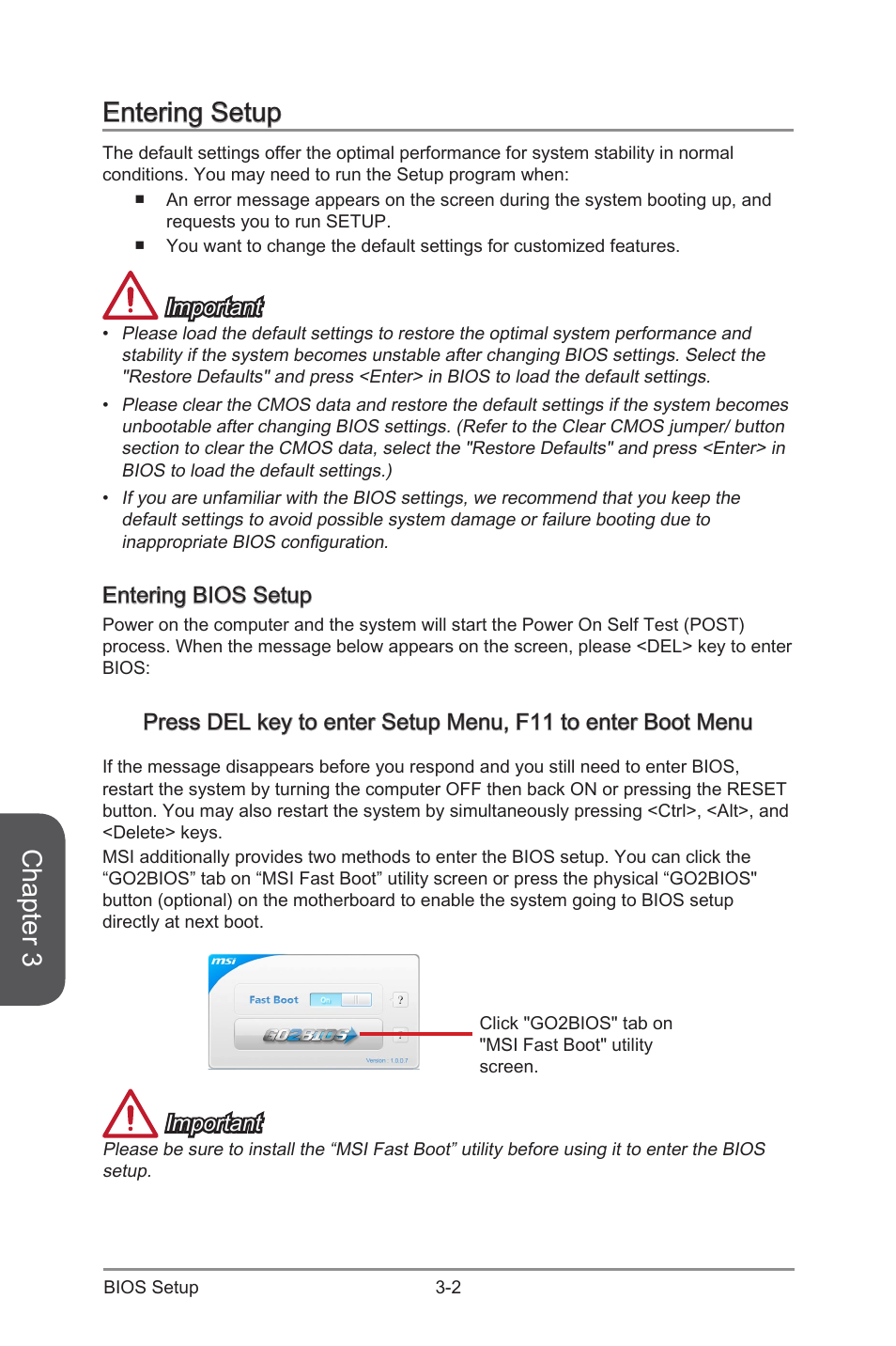 Entering setup, Entering bios setup, Entering setup -2 | Entering bios setup -2, Chapter 3, Important | MSI Z87-G45 GAMING User Manual | Page 64 / 112