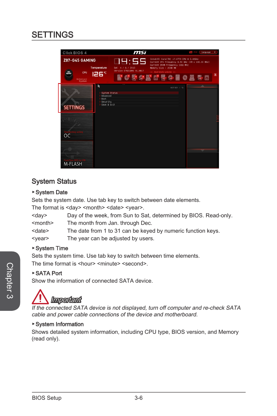 Settings, System status, Settings -6 | System status -6, Chapter 3, Important | MSI Z87-G45 GAMING User Manual | Page 68 / 112