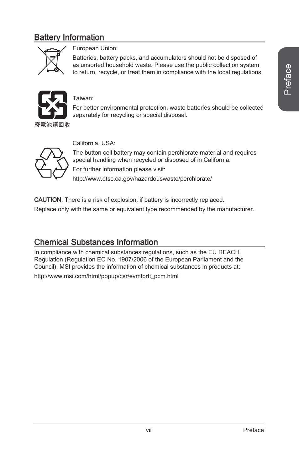 Battery information, Chemical substances information, Preface | MSI Z87-G45 GAMING User Manual | Page 7 / 112