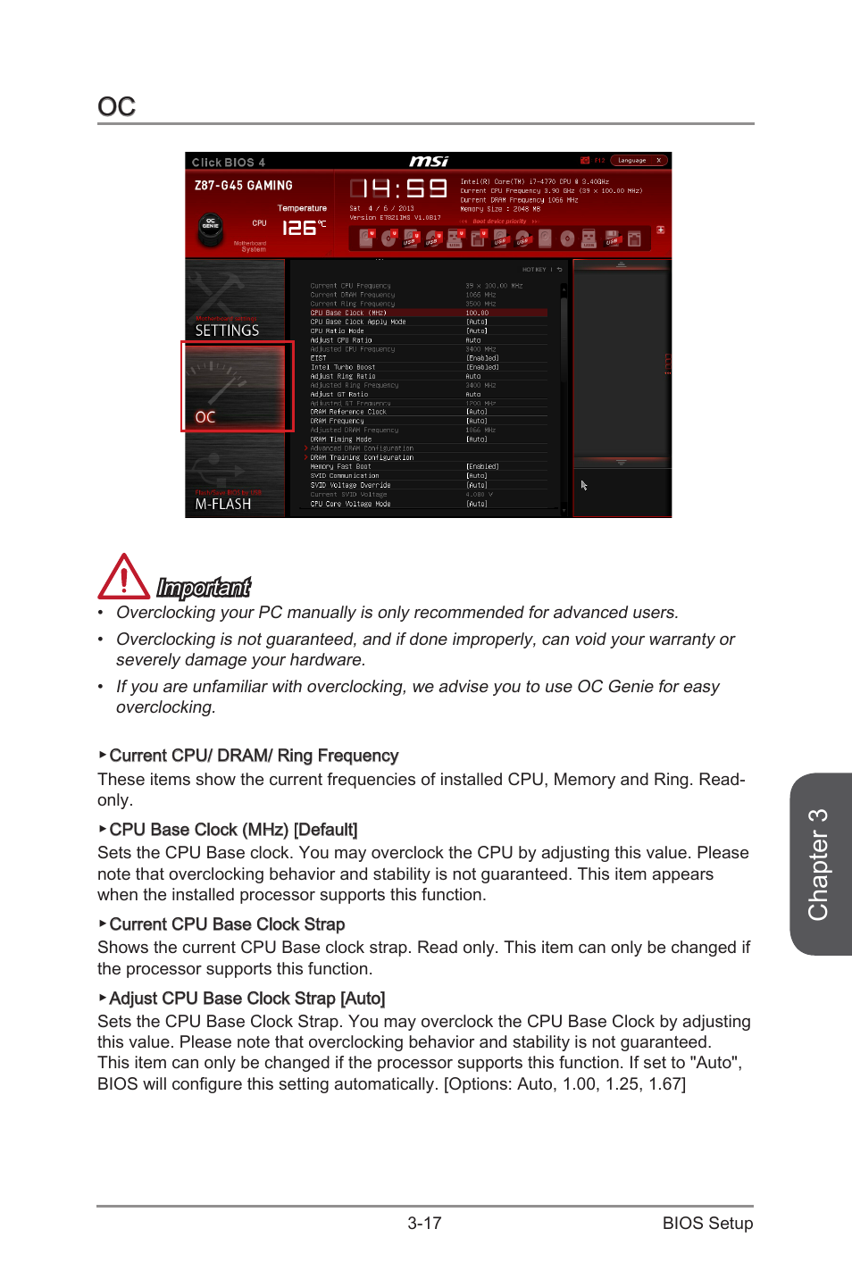 Oc -17, Chapter 3, Important | MSI Z87-G45 GAMING User Manual | Page 79 / 112
