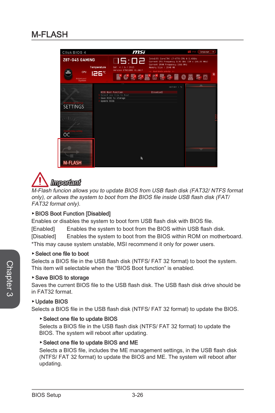 M-flash, M-flash -26, Chapter 3 | Important | MSI Z87-G45 GAMING User Manual | Page 88 / 112