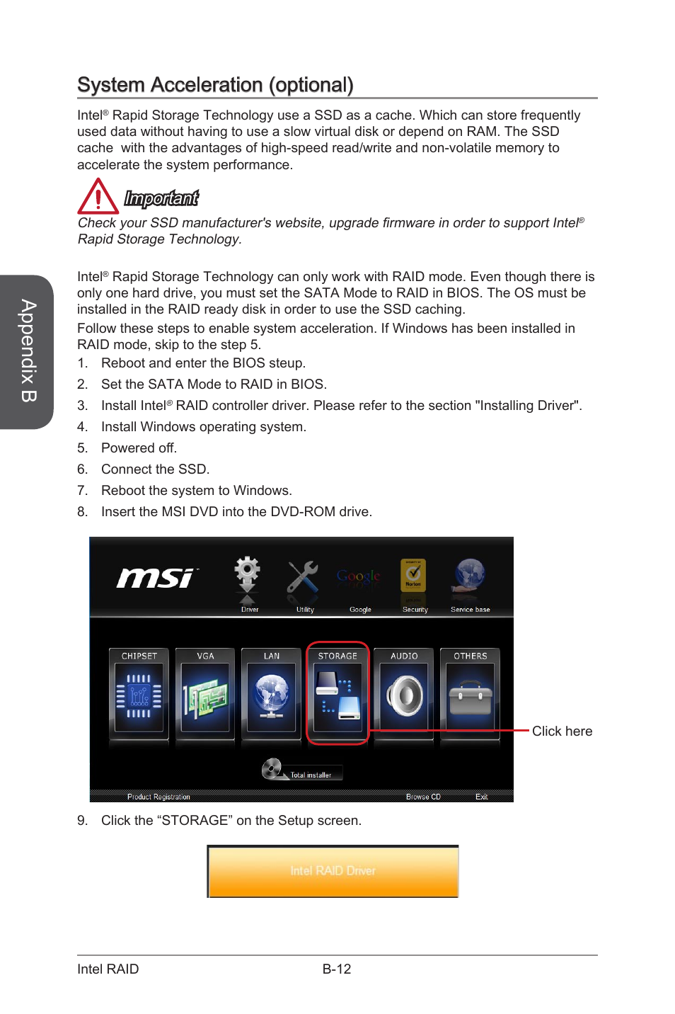System acceleration (optional), Appendix b, Important | MSI Z87-G43 GAMING User Manual | Page 104 / 110
