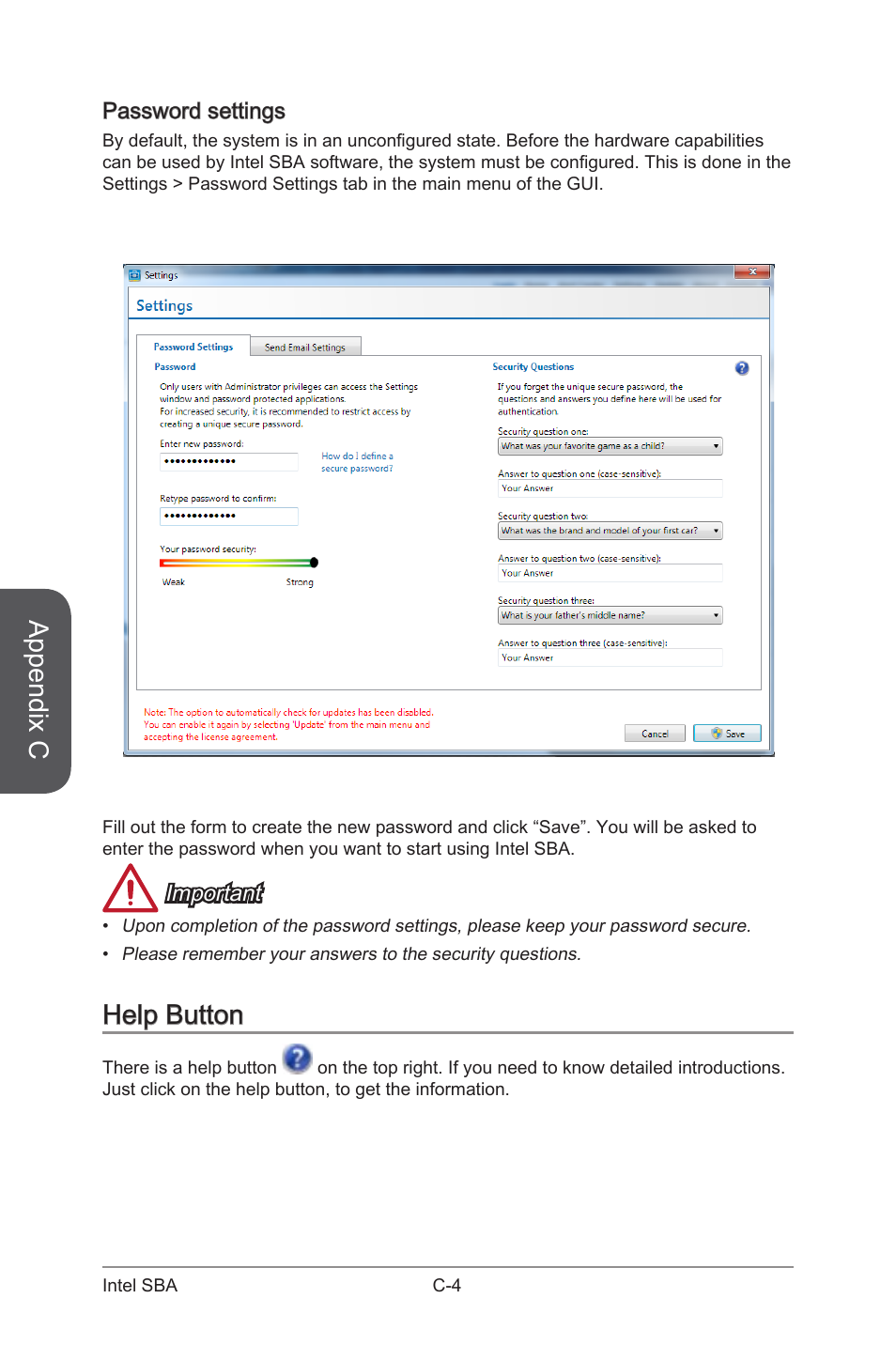 Help button, Password settings, Appendix c | MSI Z87-G43 GAMING User Manual | Page 110 / 110