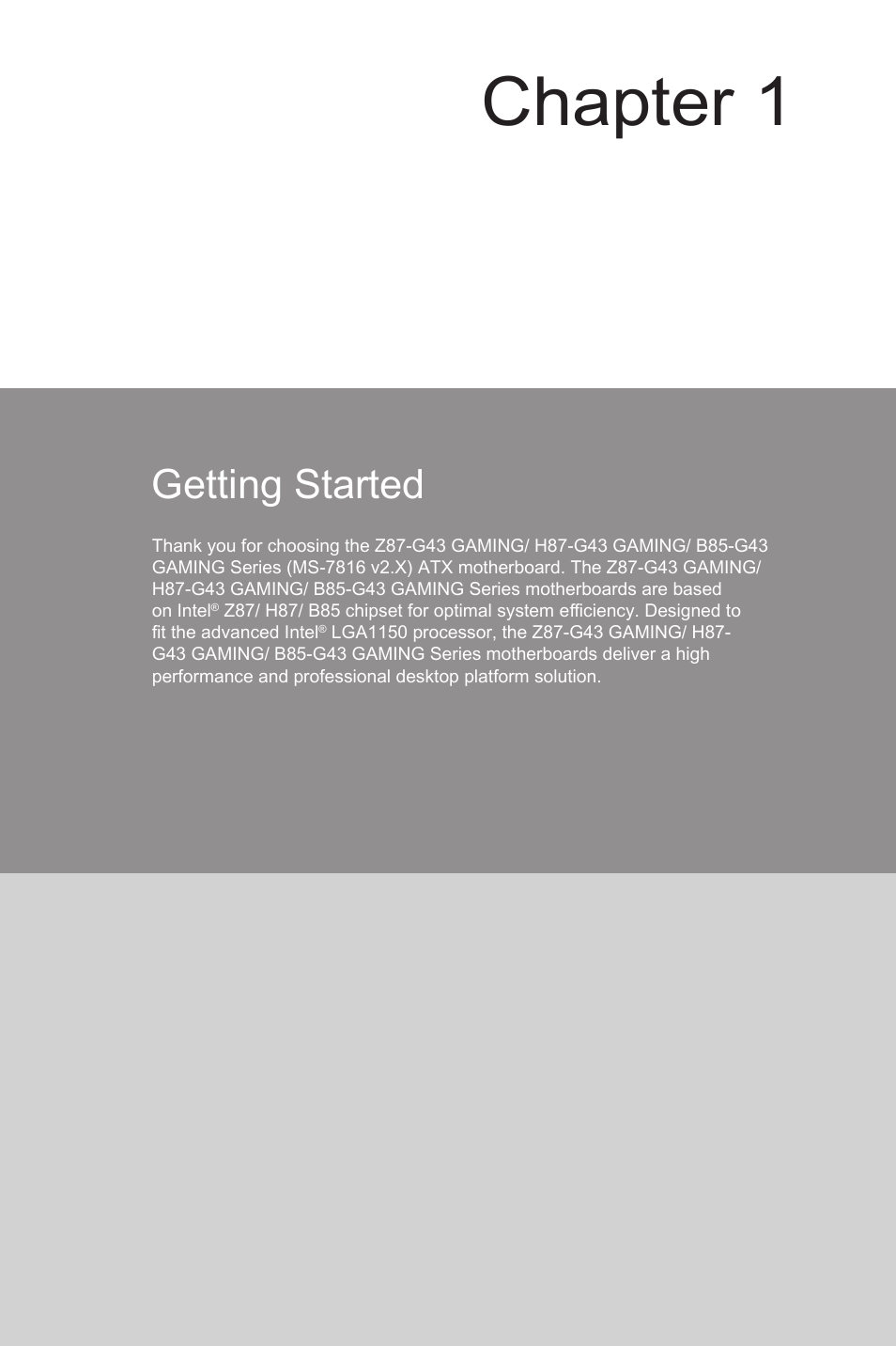 Getting started, Getting started -1, Chapter 1 | MSI Z87-G43 GAMING User Manual | Page 15 / 110