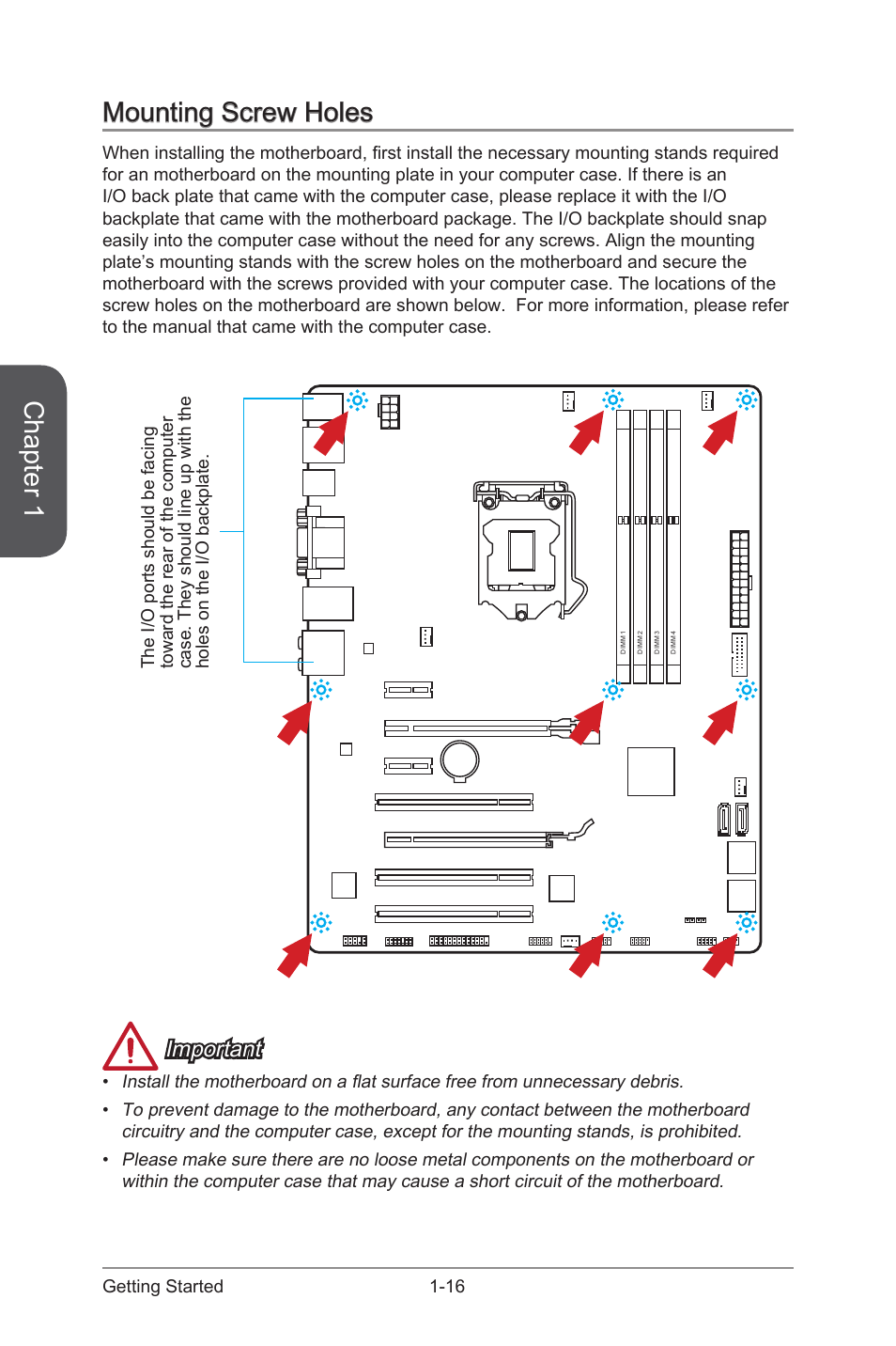 Mounting screw holes, Mounting screw holes -16, Chapter 1 | Important, 16 getting started | MSI Z87-G43 GAMING User Manual | Page 30 / 110