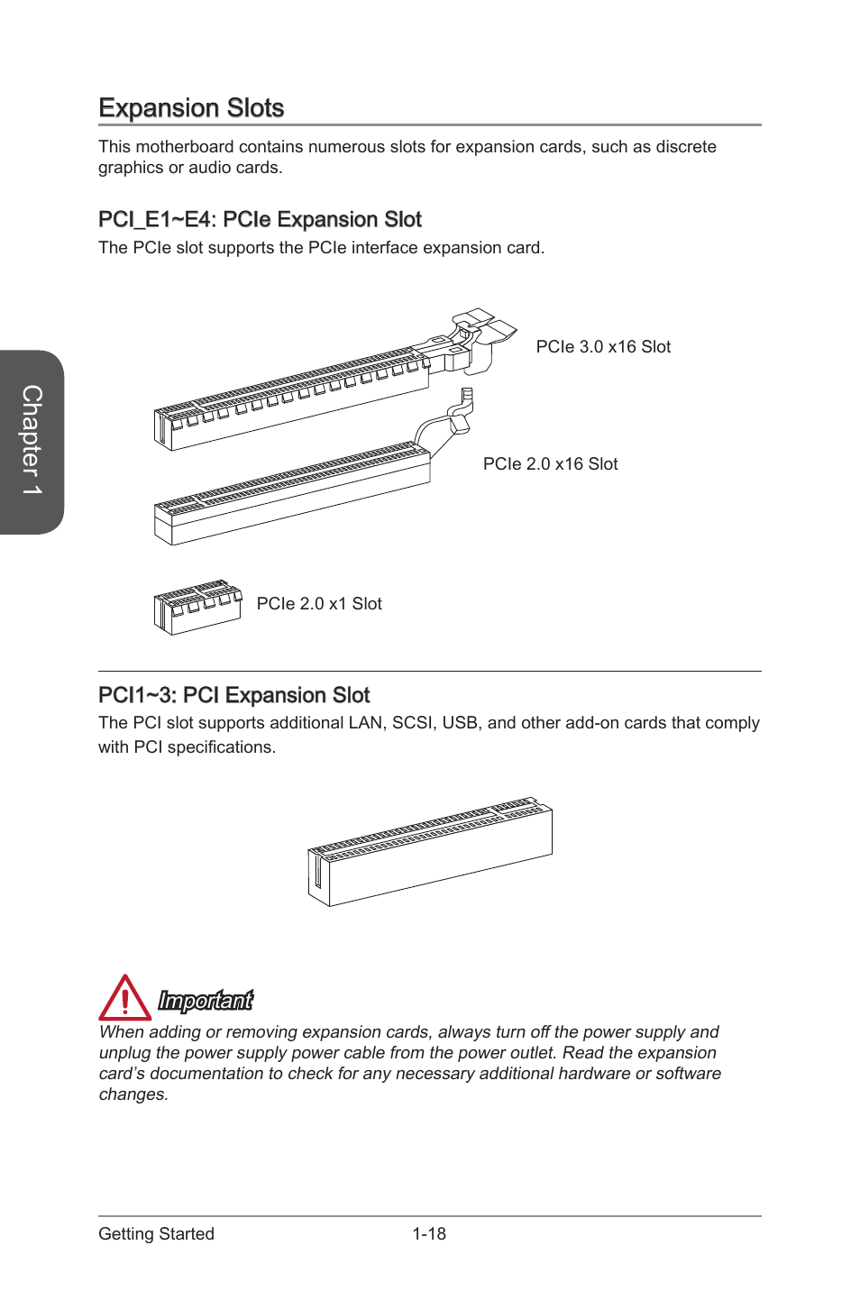 Expansion slots, Pci_e1~e4: pcie expansion slot, Pci1~3: pci expansion slot | Expansion slots -18, Pci_e1~e4: pcie expansion slot -18, Pci1~3, Pci expansion slots, Chapter 1 | MSI Z87-G43 GAMING User Manual | Page 32 / 110