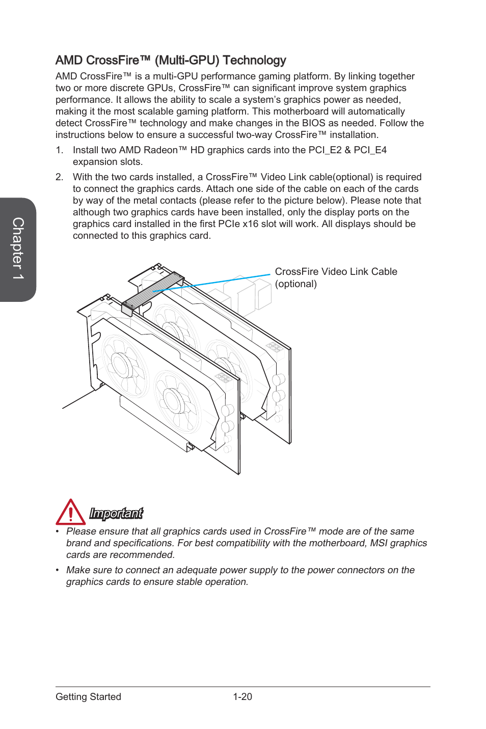 Amd crossfire™ (multi-gpu) technology, Amd crossfire™ (multi-gpu) technology -20, Chapter 1 | Important | MSI Z87-G43 GAMING User Manual | Page 34 / 110