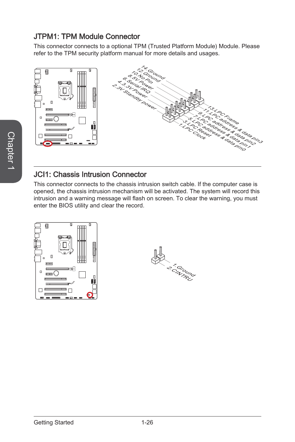 Jtpm1: tpm module connector, Jci1: chassis intrusion connector, Jtpm1: tpm module connector -26 | Jci1, Chassis intrusion connector, Jtpm1, Tpm module connector, Chapter 1, 26 getting started, Cin tru 1.gro und | MSI Z87-G43 GAMING User Manual | Page 40 / 110