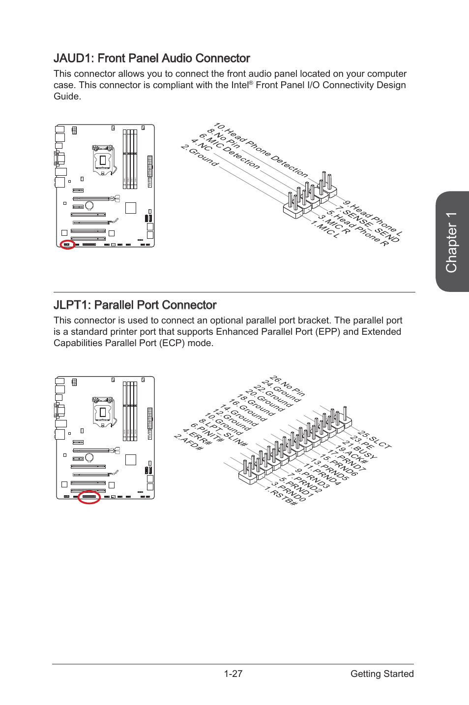 Jaud1: front panel audio connector, Jlpt1: parallel port connector, Jaud1: front panel audio connector -27 | Jaud1, Front panel audio connector, Jlpt1, Parallel port connector, Chapter 1, 27 getting started, Front panel i/o connectivity design guide | MSI Z87-G43 GAMING User Manual | Page 41 / 110