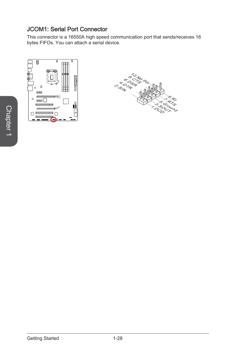 Jcom1: serial port connector, Jcom1: serial port connector -28, Jcom1 | Serial port connector, Chapter 1, 28 getting started | MSI Z87-G43 GAMING User Manual | Page 42 / 110