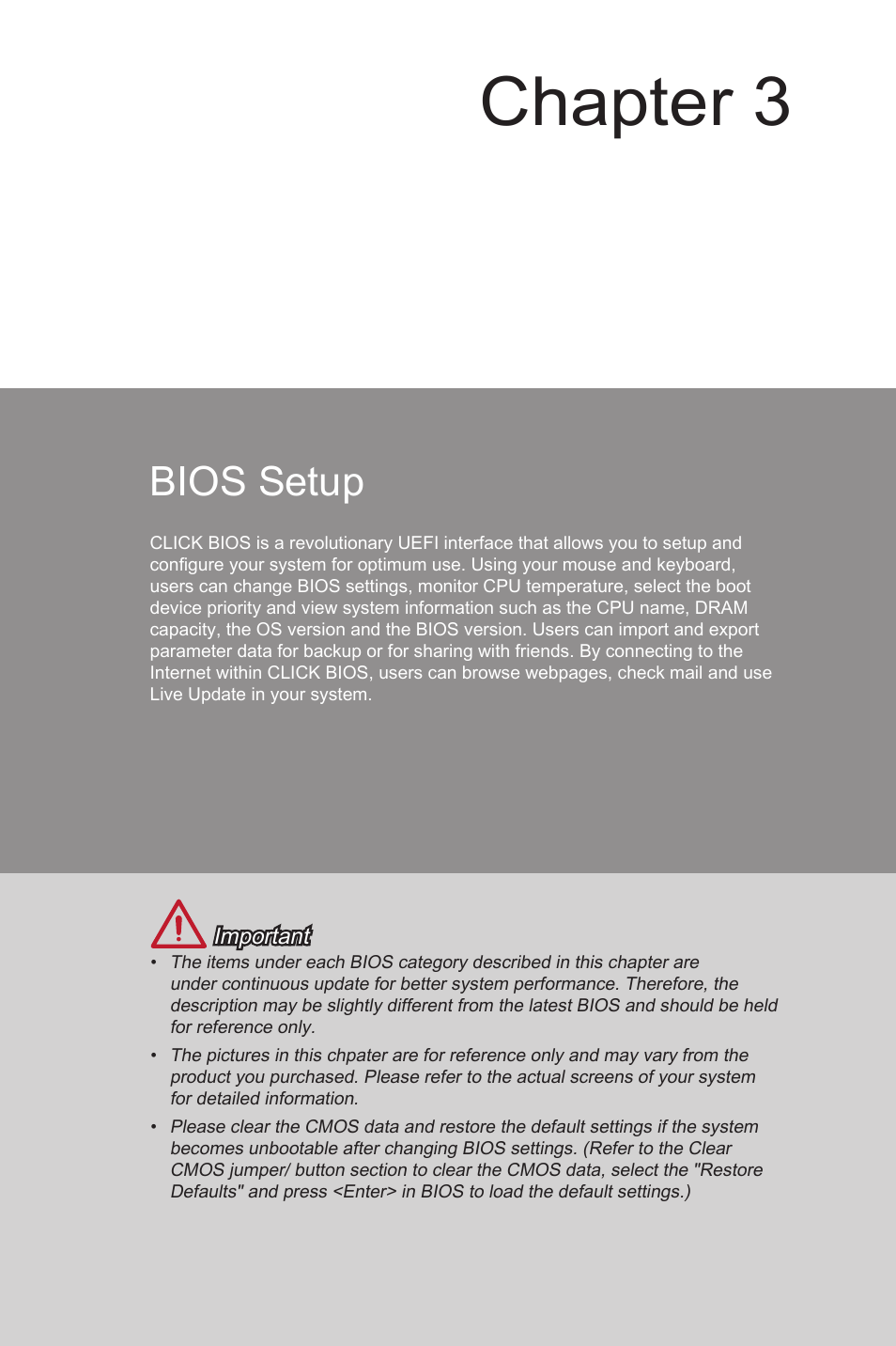 Bios setup, Bios setup -1, Chapter 3 | MSI Z87-G43 GAMING User Manual | Page 59 / 110