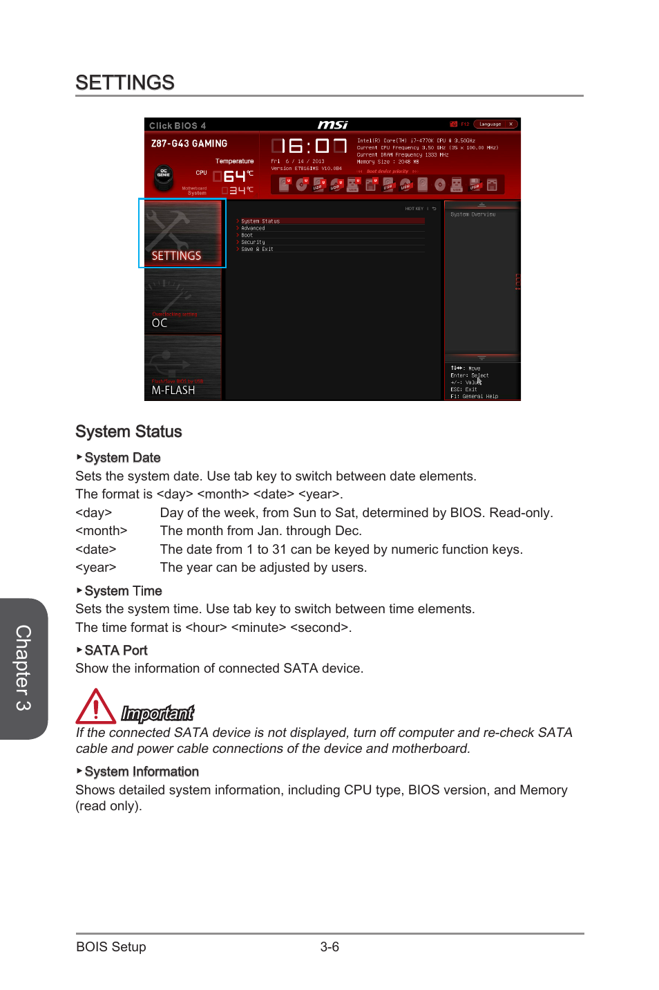Settings, System status, Settings -6 | System status -6, Chapter 3, Important | MSI Z87-G43 GAMING User Manual | Page 64 / 110