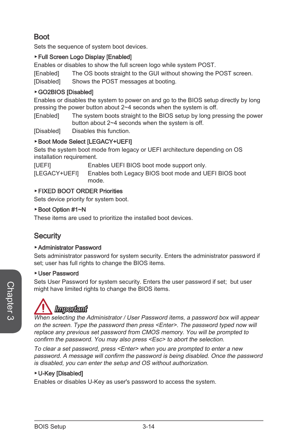 Boot, Security, Boot -14 security -14 | Chapter 3, Important | MSI Z87-G43 GAMING User Manual | Page 72 / 110