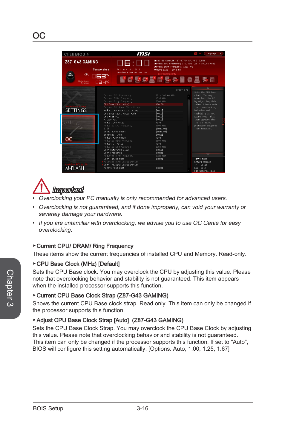 Oc -16, Chapter 3, Important | MSI Z87-G43 GAMING User Manual | Page 74 / 110