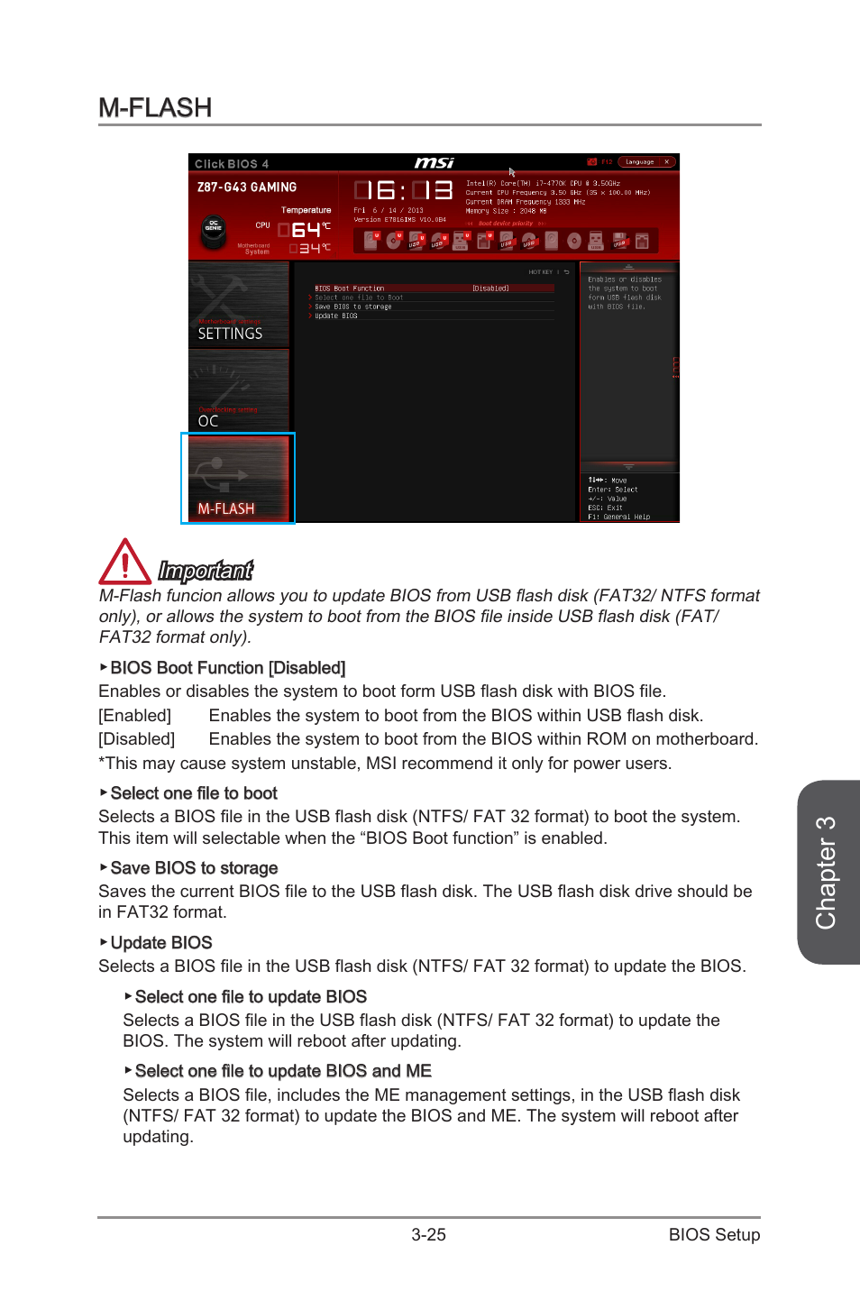 M-flash, M-flash -25, Chapter 3 | Important | MSI Z87-G43 GAMING User Manual | Page 83 / 110