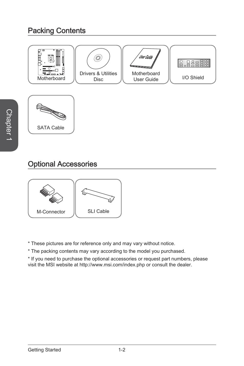 Optional accessories, Packing contents, Packing contents -2 optional accessories -2 | Chapter 1 | MSI Z87M GAMING User Manual | Page 16 / 112