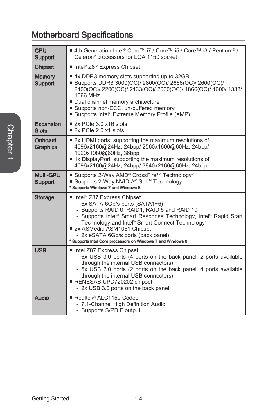 Motherboard specifications, Motherboard specifications -4, Chapter 1 | MSI Z87M GAMING User Manual | Page 18 / 112
