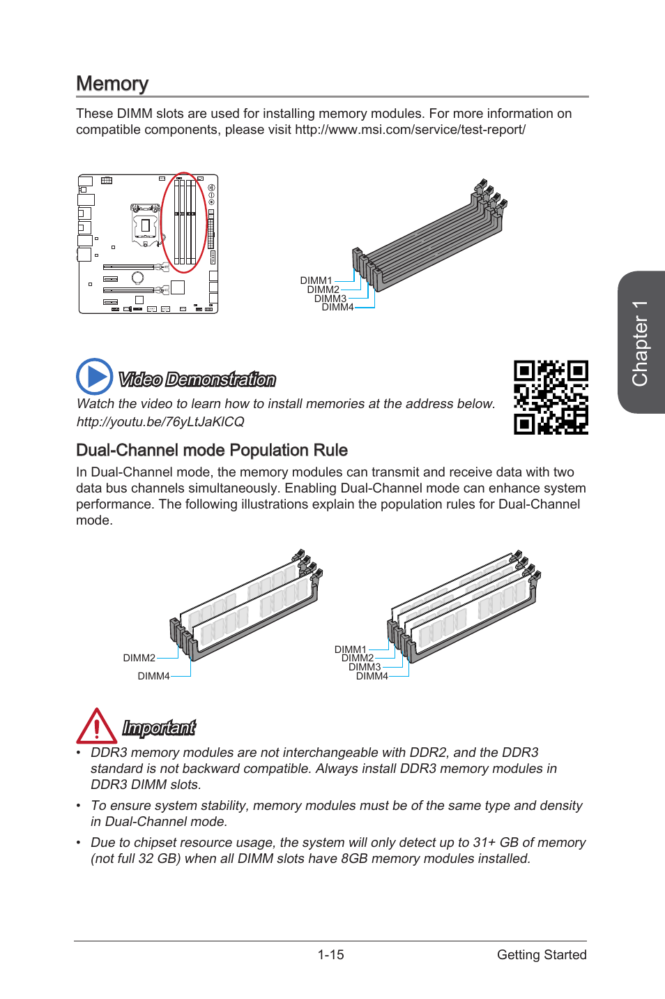 Memory, Dual-channel mode population rule, Memory -15 | Dual-channel mode population rule -15, Chapter 1, Video demonstration, Important | MSI Z87M GAMING User Manual | Page 29 / 112