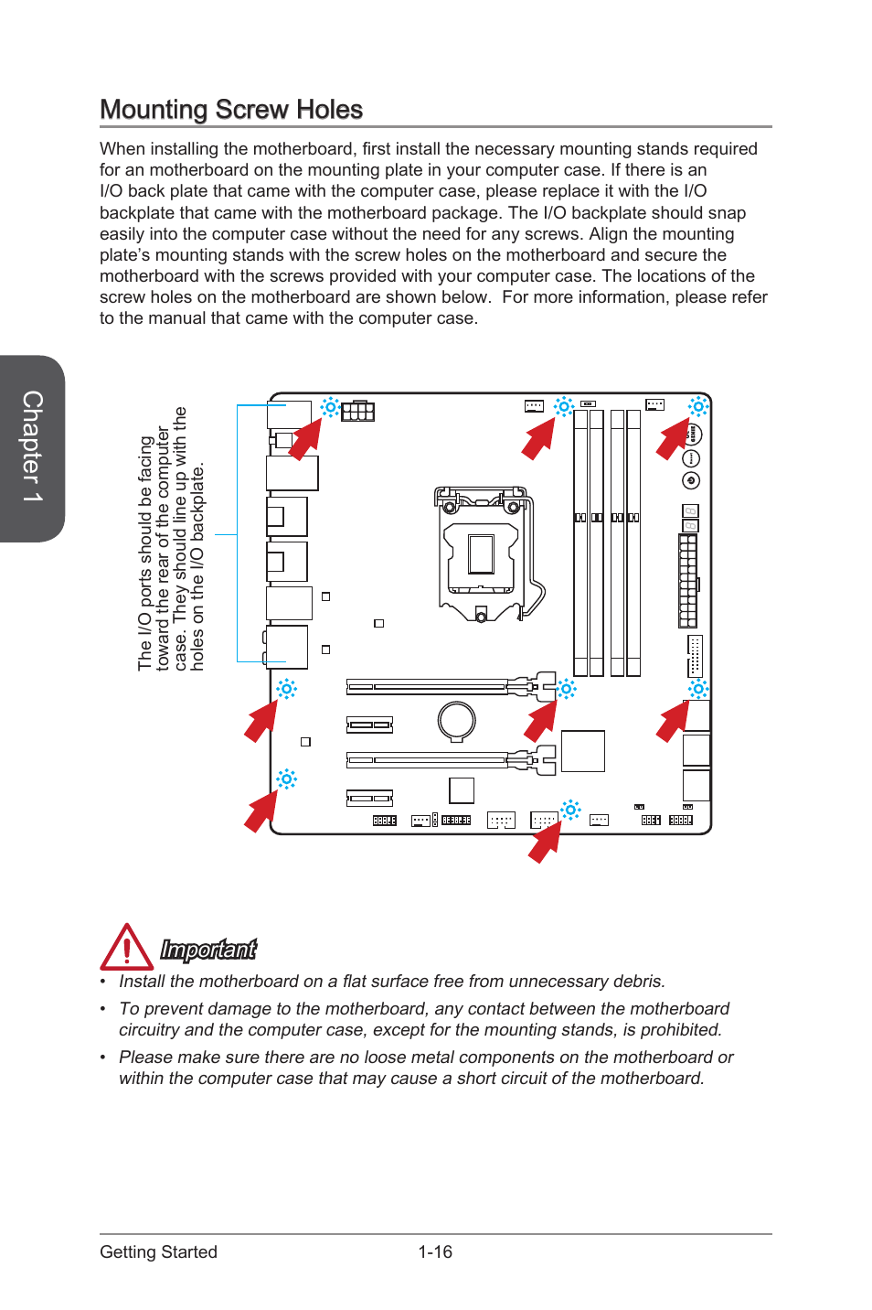Mounting screw holes, Mounting screw holes -16, Chapter 1 | Important | MSI Z87M GAMING User Manual | Page 30 / 112
