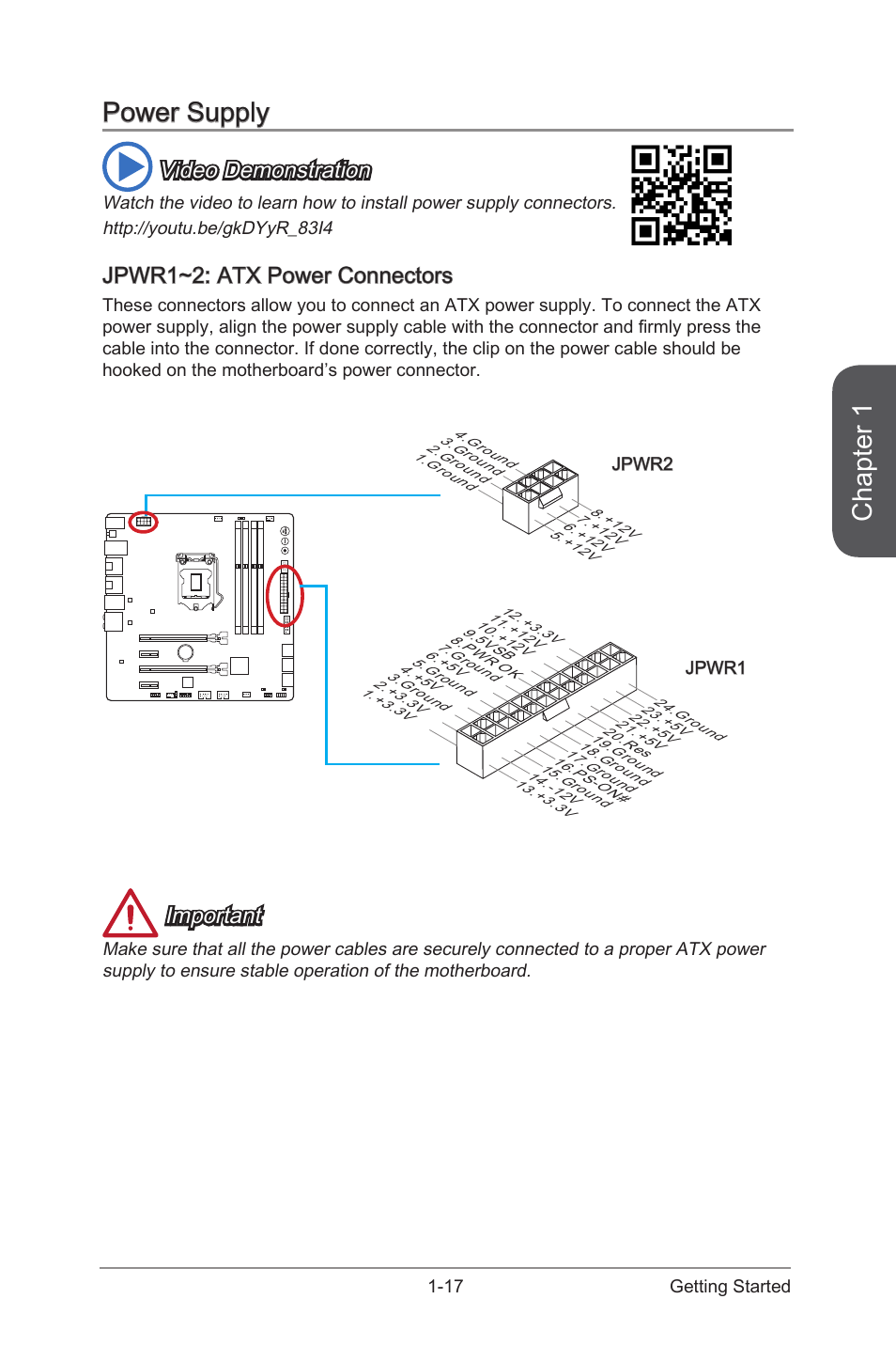 Power supply, Jpwr1~2: atx power connectors, Power supply -17 | Jpwr1~2: atx power connectors -17, Jpwr1~2, Atx power connectors, Chapter 1, Video demonstration, Important | MSI Z87M GAMING User Manual | Page 31 / 112