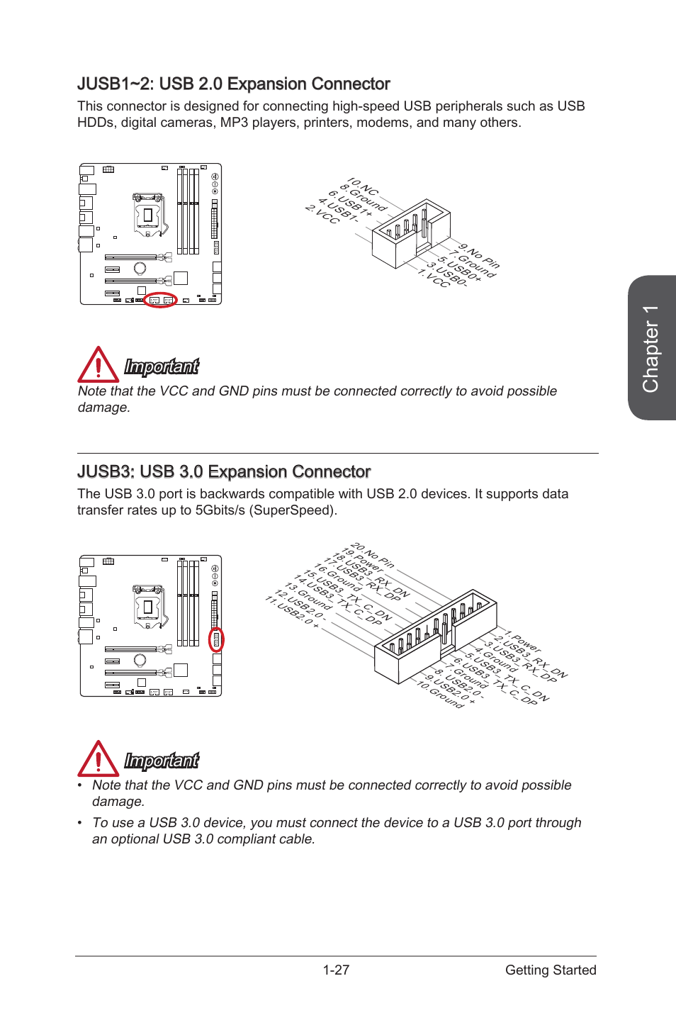 Jusb1~2: usb 2.0 expansion connector, Jusb3: usb 3.0 expansion connector, Jusb1~2 | Usb 2.0 expansion connectors, Jusb3, Usb 3.0 expansion connector, Chapter 1, Important, 27 getting started | MSI Z87M GAMING User Manual | Page 41 / 112