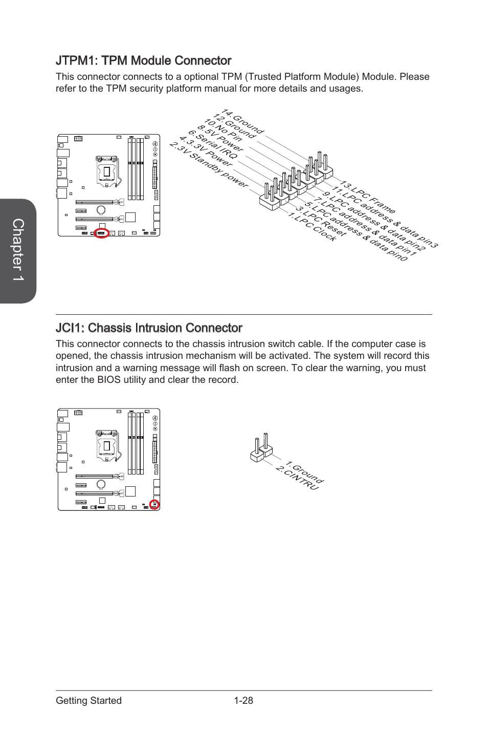 Jtpm1: tpm module connector, Jci1: chassis intrusion connector, Jci1 | Chassis intrusion connector, Jtpm1, Tpm module connector, Chapter 1 | MSI Z87M GAMING User Manual | Page 42 / 112
