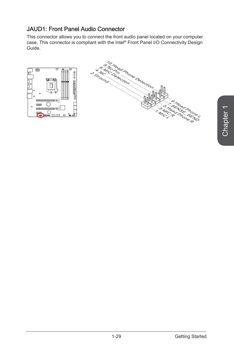 Jaud1: front panel audio connector, Jaud1: front panel audio connector -29, Jaud1 | Front panel audio connector, Chapter 1 | MSI Z87M GAMING User Manual | Page 43 / 112