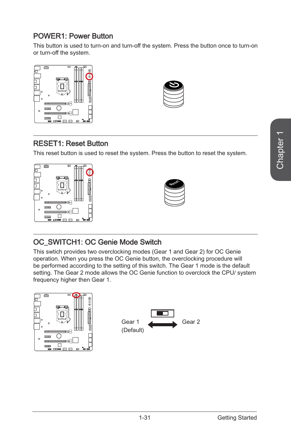 Power1: power button, Reset1: reset button, Oc_switch1: oc genie mode switch | Oc_switch1, Oc genie mode switch, Power1, Power button, Reset1, Reset button, Chapter 1 | MSI Z87M GAMING User Manual | Page 45 / 112