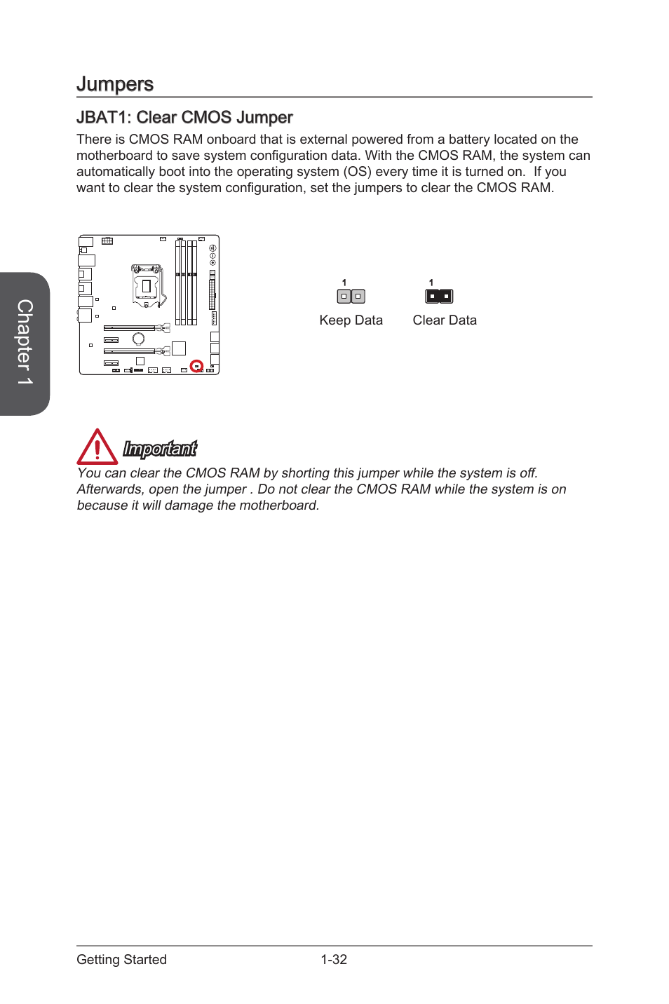 Jumpers, Jbat1: clear cmos jumper, Jumpers -32 | Jbat1: clear cmos jumper -32, Jbat1, Clear cmos jumper, Chapter 1, Important | MSI Z87M GAMING User Manual | Page 46 / 112