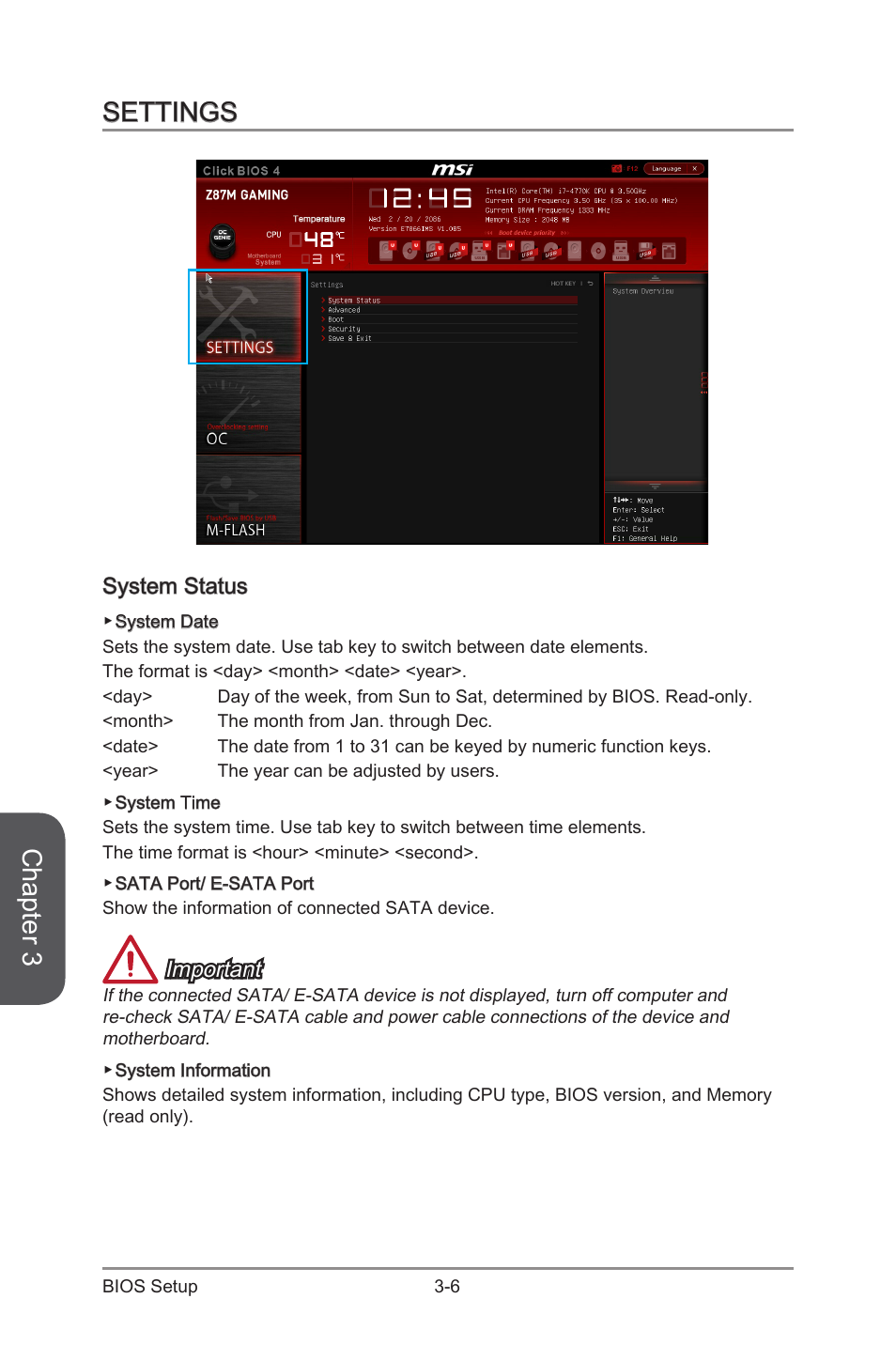 Settings, System status, Settings -6 | System status -6, Chapter 3, Important | MSI Z87M GAMING User Manual | Page 70 / 112