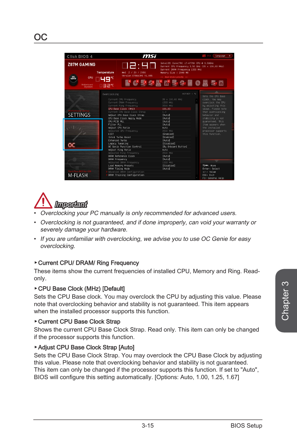 Oc -15, Chapter 3, Important | MSI Z87M GAMING User Manual | Page 79 / 112