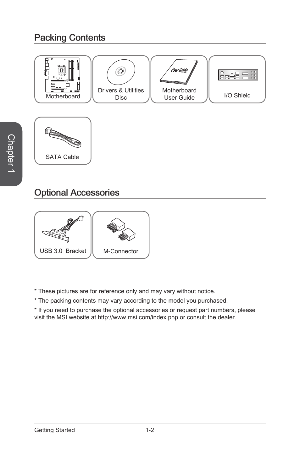 Packing contents -2 optional accessories -2, Chapter 1, Packing contents | Optional accessories | MSI B85M GAMING User Manual | Page 16 / 92