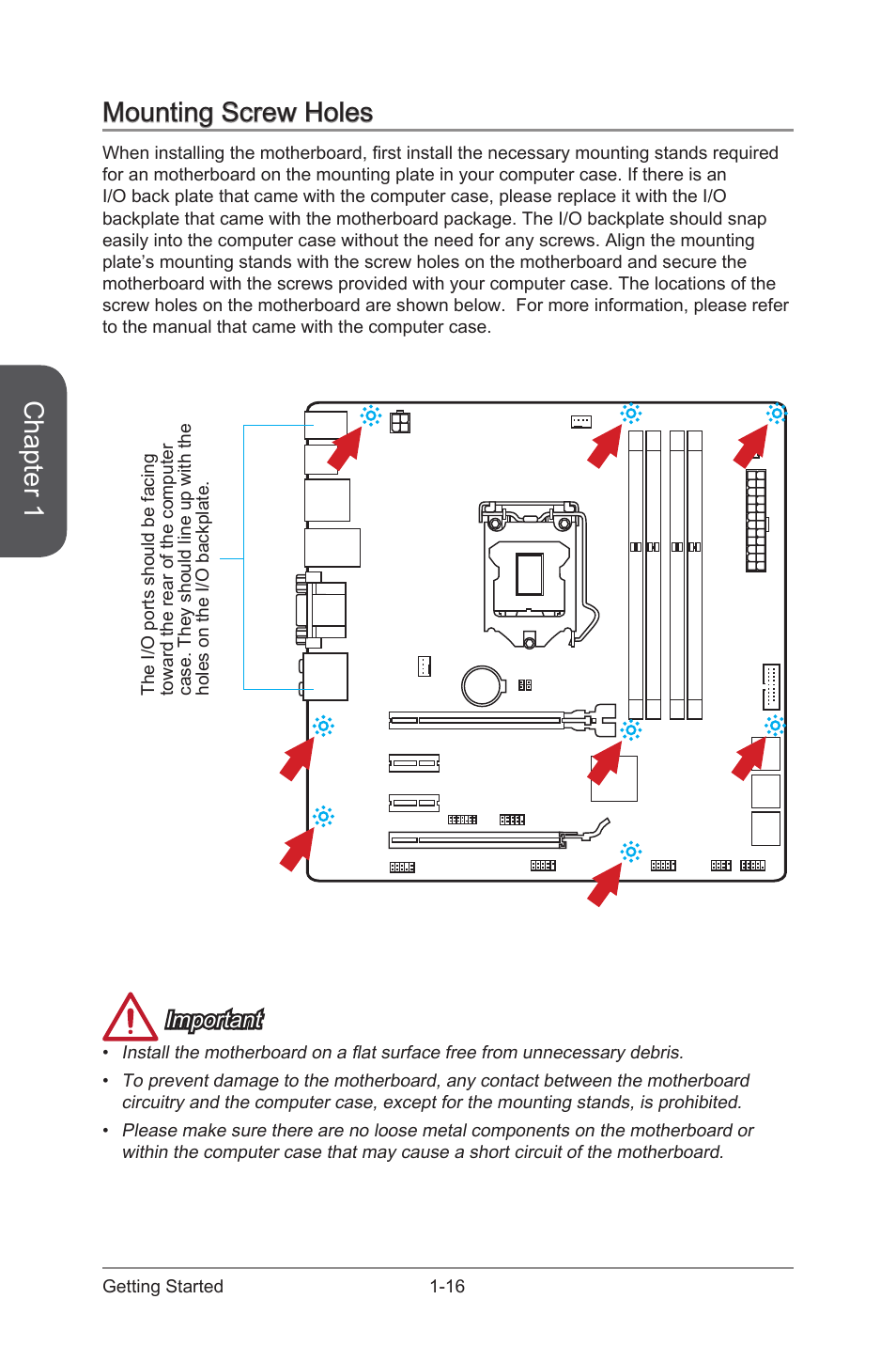 Mounting screw holes -16, Chapter 1, Mounting screw holes | Important | MSI B85M GAMING User Manual | Page 30 / 92