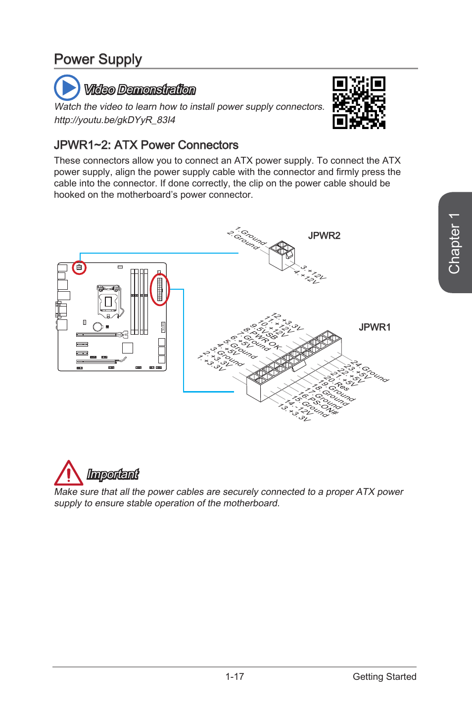 Power supply -17, Jpwr1~2: atx power connectors -17, Jpwr1~2 | Atx power connectors, Chapter 1, Power supply, Video demonstration, Jpwr1~2: atx power connectors, Important | MSI B85M GAMING User Manual | Page 31 / 92