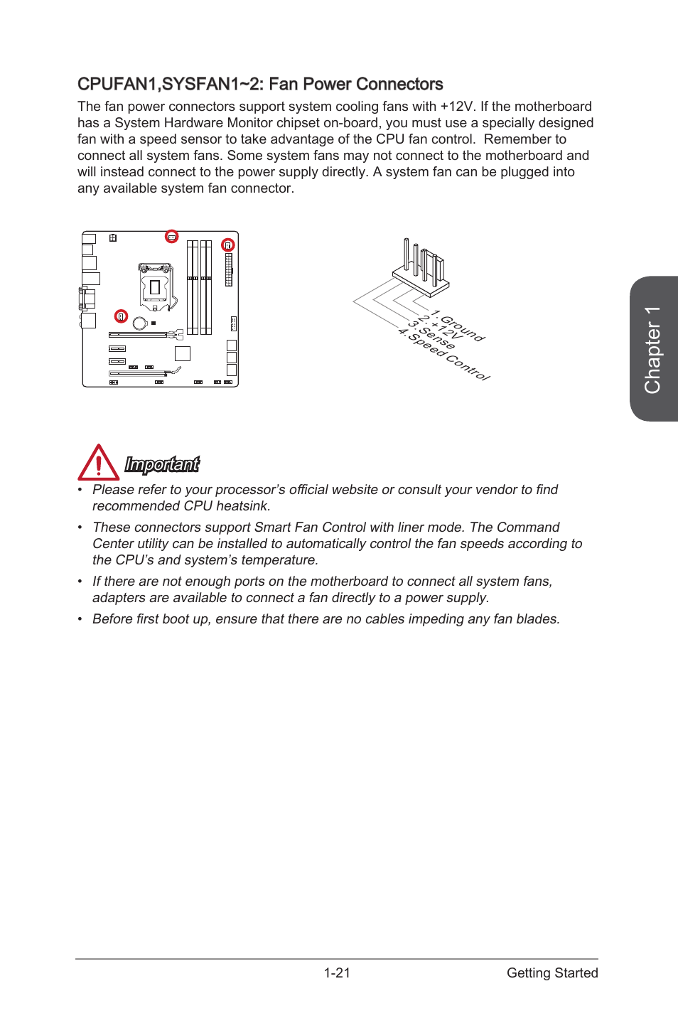 Cpufan1,sysfan1~2: fan power connectors -21, Cpufan1,sysfan1~2, Fan power connectors | Chapter 1, Cpufan1,sysfan1~2: fan power connectors, Important | MSI B85M GAMING User Manual | Page 35 / 92