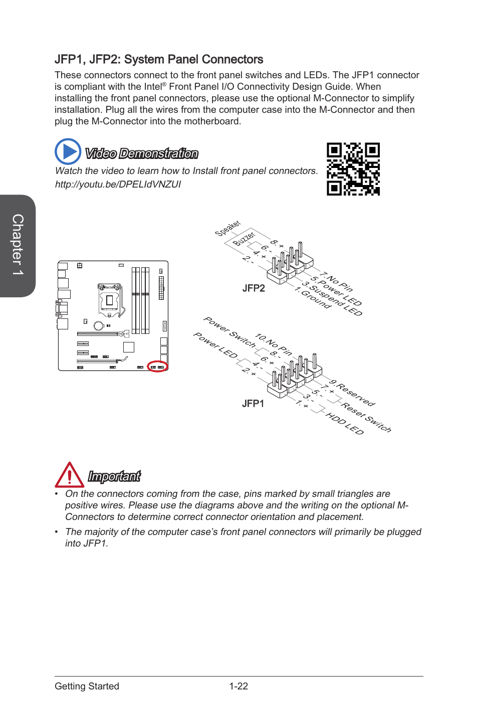 Jfp1, jfp2: system panel connectors -22, Jfp1, jfp2, System panel connectors | Chapter 1, Jfp1, jfp2: system panel connectors, Video demonstration, Important | MSI B85M GAMING User Manual | Page 36 / 92