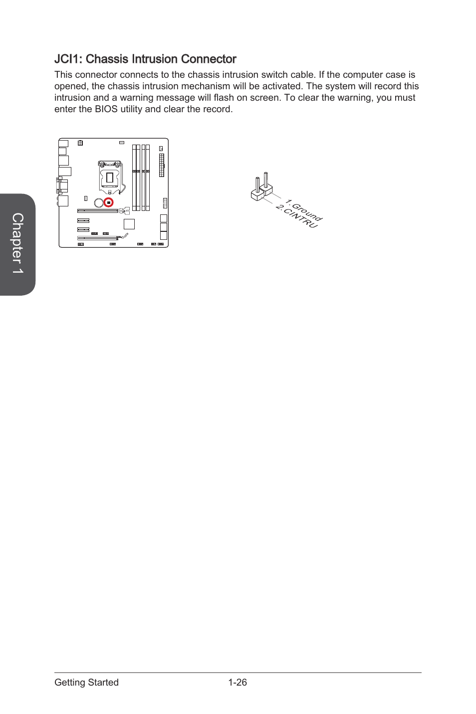 Jci1: chassis intrusion connector -26, Jci1, Chassis intrusion connector | Chapter 1, Jci1: chassis intrusion connector | MSI B85M GAMING User Manual | Page 40 / 92