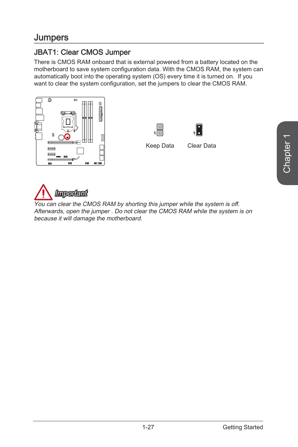 Jumpers -27, Jbat1: clear cmos jumper -27, Jbat1 | Clear cmos jumper, Chapter 1, Jumpers, Jbat1: clear cmos jumper, Important | MSI B85M GAMING User Manual | Page 41 / 92