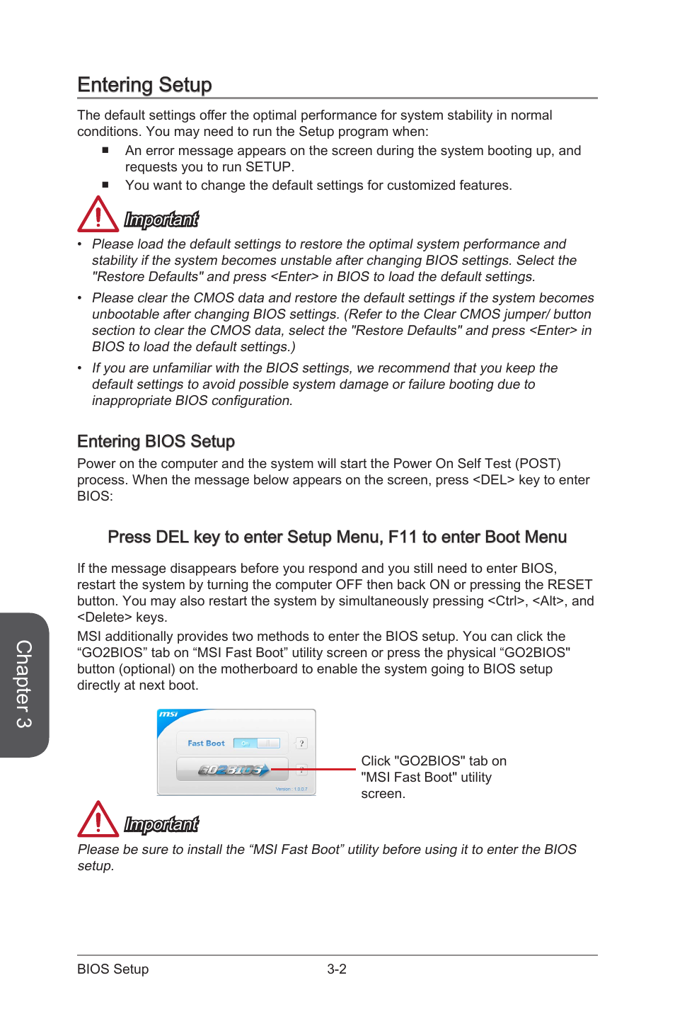 Entering setup -2, Entering bios setup -2, Chapter 3 | Entering setup, Important, Entering bios setup | MSI B85M GAMING User Manual | Page 58 / 92