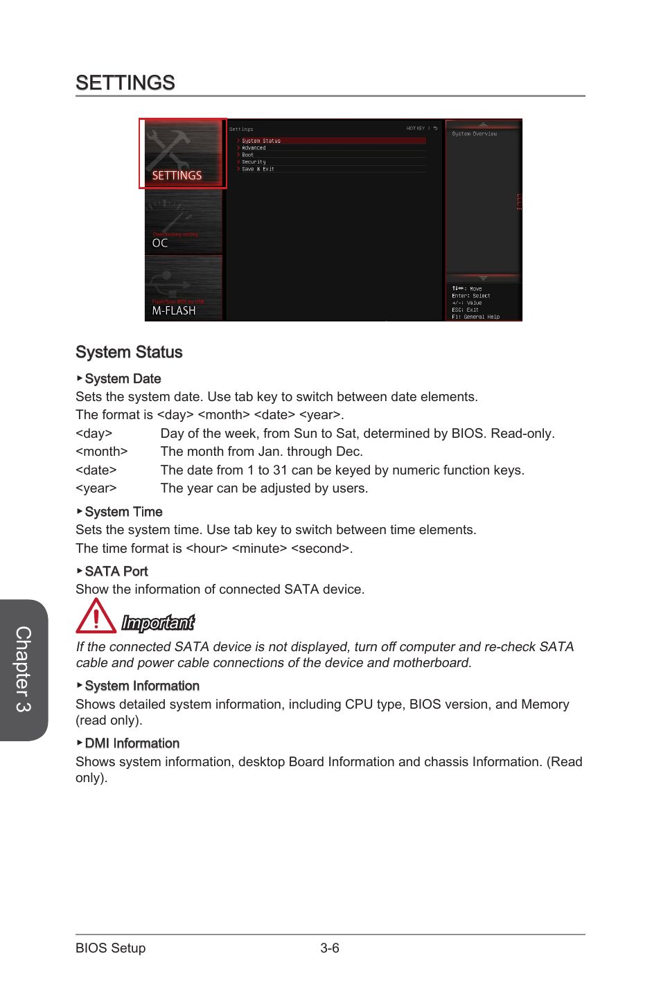 Settings -6, System status -6, Chapter 3 | Settings, System status, Important | MSI B85M GAMING User Manual | Page 62 / 92