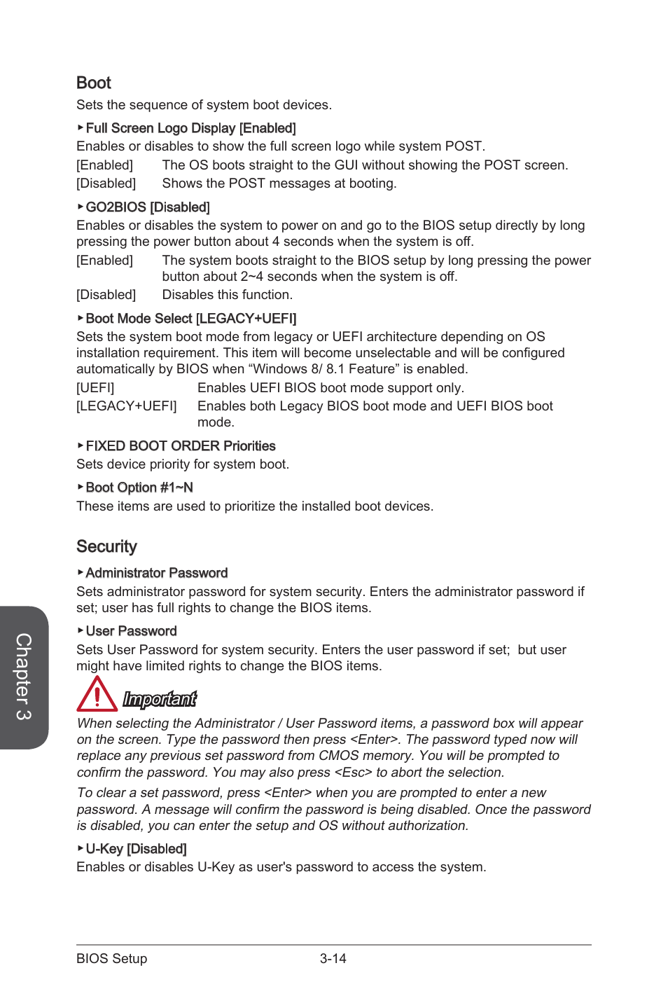 Boot -14 security -14, Chapter 3, Boot | Security, Important | MSI B85M GAMING User Manual | Page 70 / 92