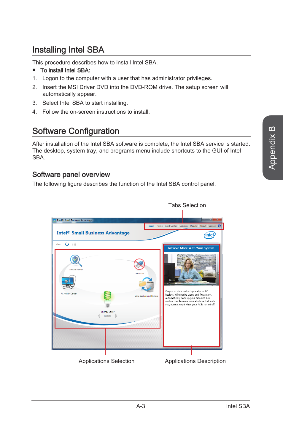Appendix b, Installing intel sba, Software configuration | MSI B85M GAMING User Manual | Page 91 / 92