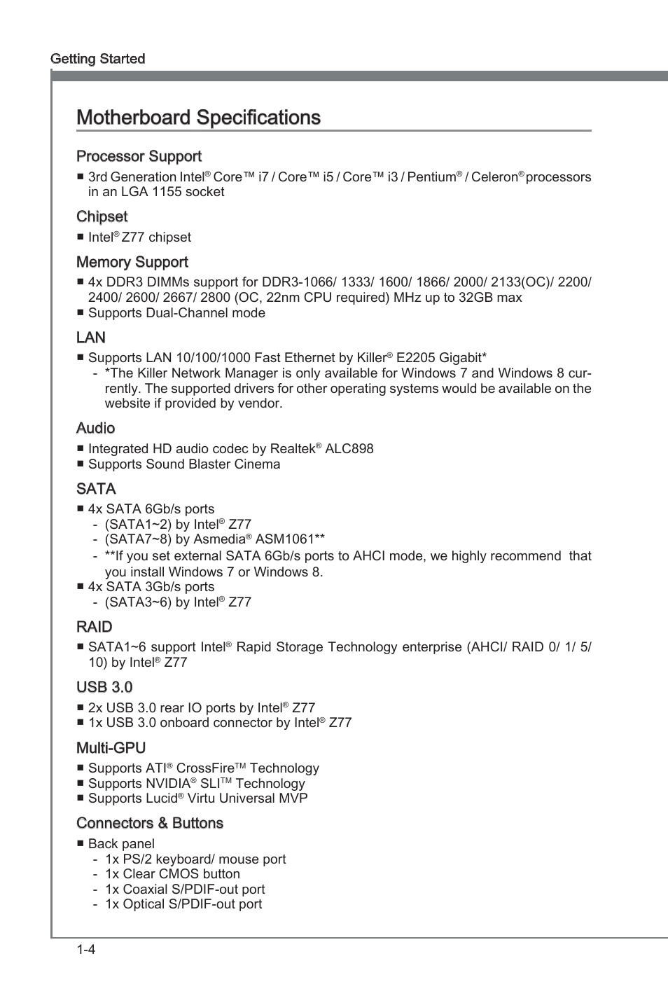 Motherboard specficatons | MSI Z77A-GD65 GAMING User Manual | Page 14 / 98