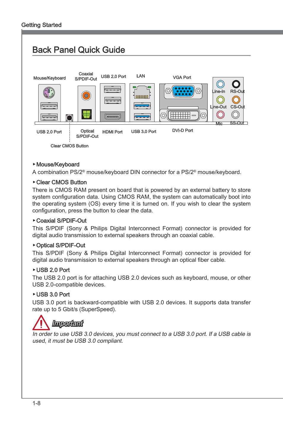 Back panel quck gude, Important | MSI Z77A-GD65 GAMING User Manual | Page 18 / 98