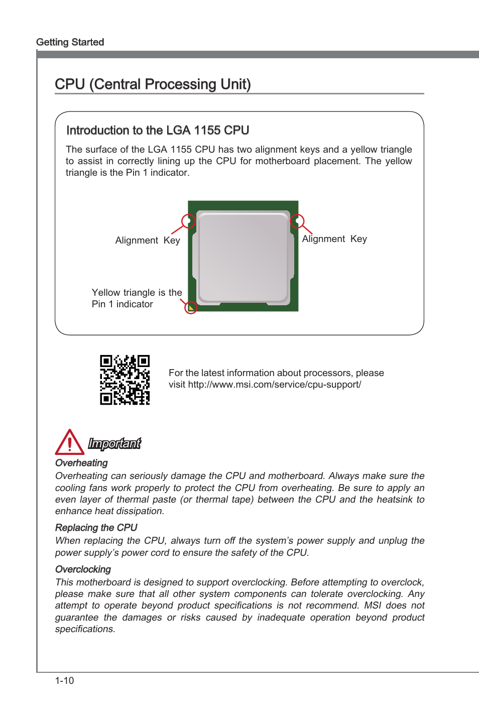 Cpu (central processng unt), Introducton to the lga 1155 cpu, Important | MSI Z77A-GD65 GAMING User Manual | Page 20 / 98