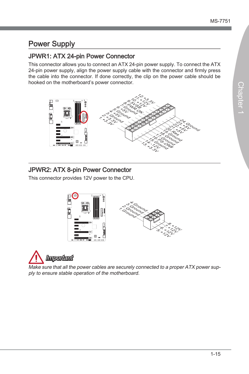 Jpwr1, Atx 24-pn power connector, Jpwr2 | Atx 8-pn power connector, Chapter 1 power supply, Jpwr1: atx 24-pn power connector, Jpwr2: atx 8-pn power connector, Important | MSI Z77A-GD65 GAMING User Manual | Page 25 / 98