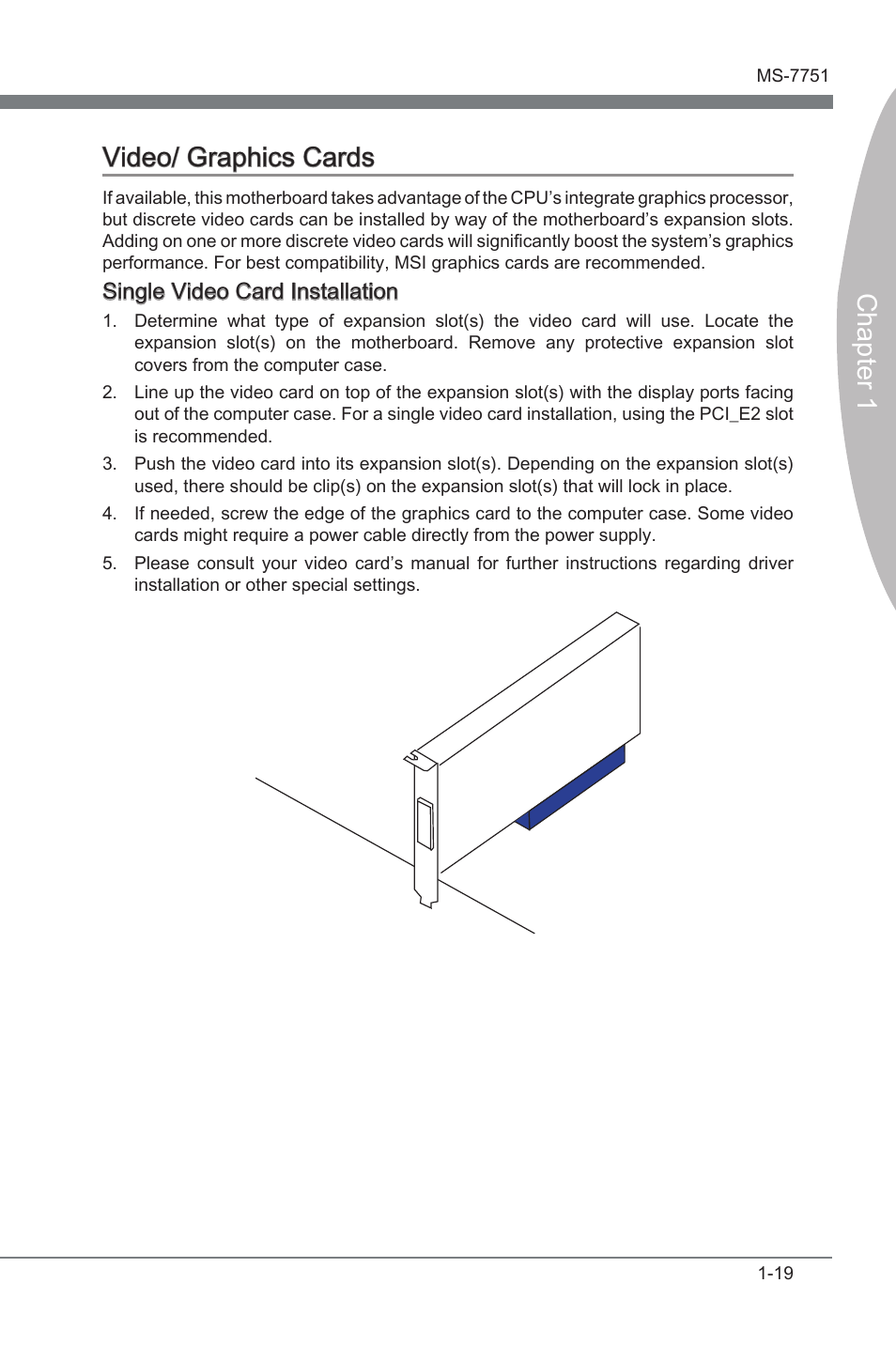 Chapter 1 vdeo/ graphcs cards, Sngle vdeo card installaton | MSI Z77A-GD65 GAMING User Manual | Page 29 / 98