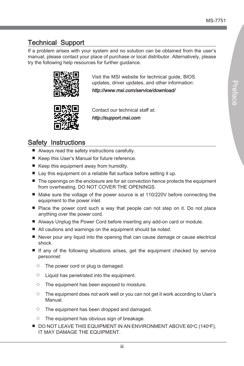 Preface, Techncal support, Safety instructons | MSI Z77A-GD65 GAMING User Manual | Page 3 / 98